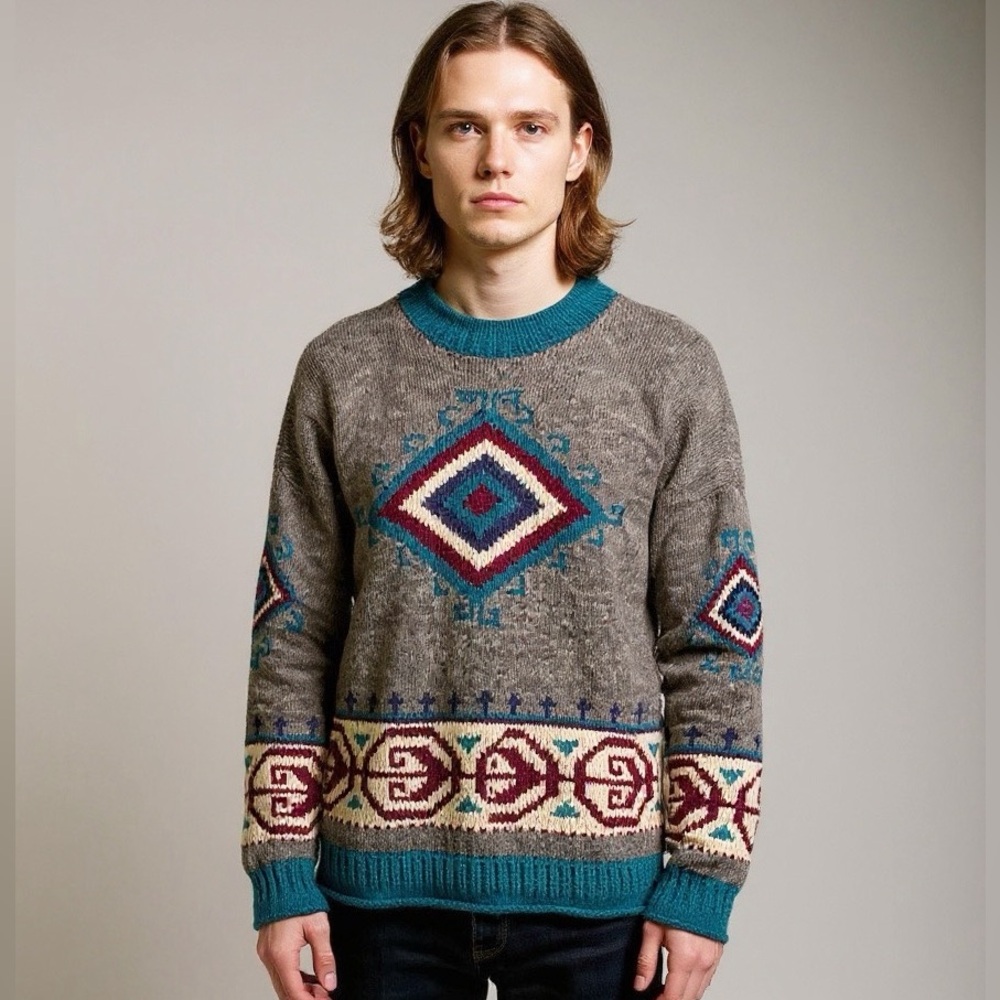 Woolies Vintage 100% Wool Men's Chunky Gray Blue Nordic Pullover Sweater